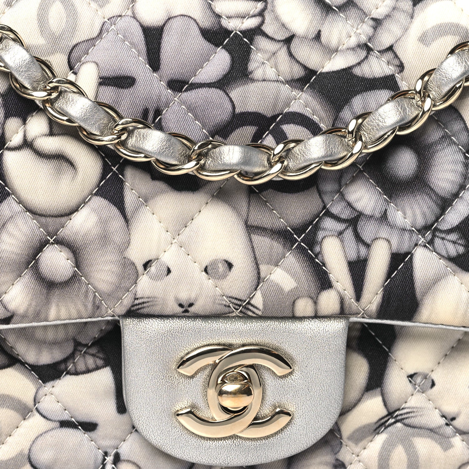 Chanel Nylon Quilted Medium Cat Emoticon Double Flap Navy Grey Ecru 8 of 10
