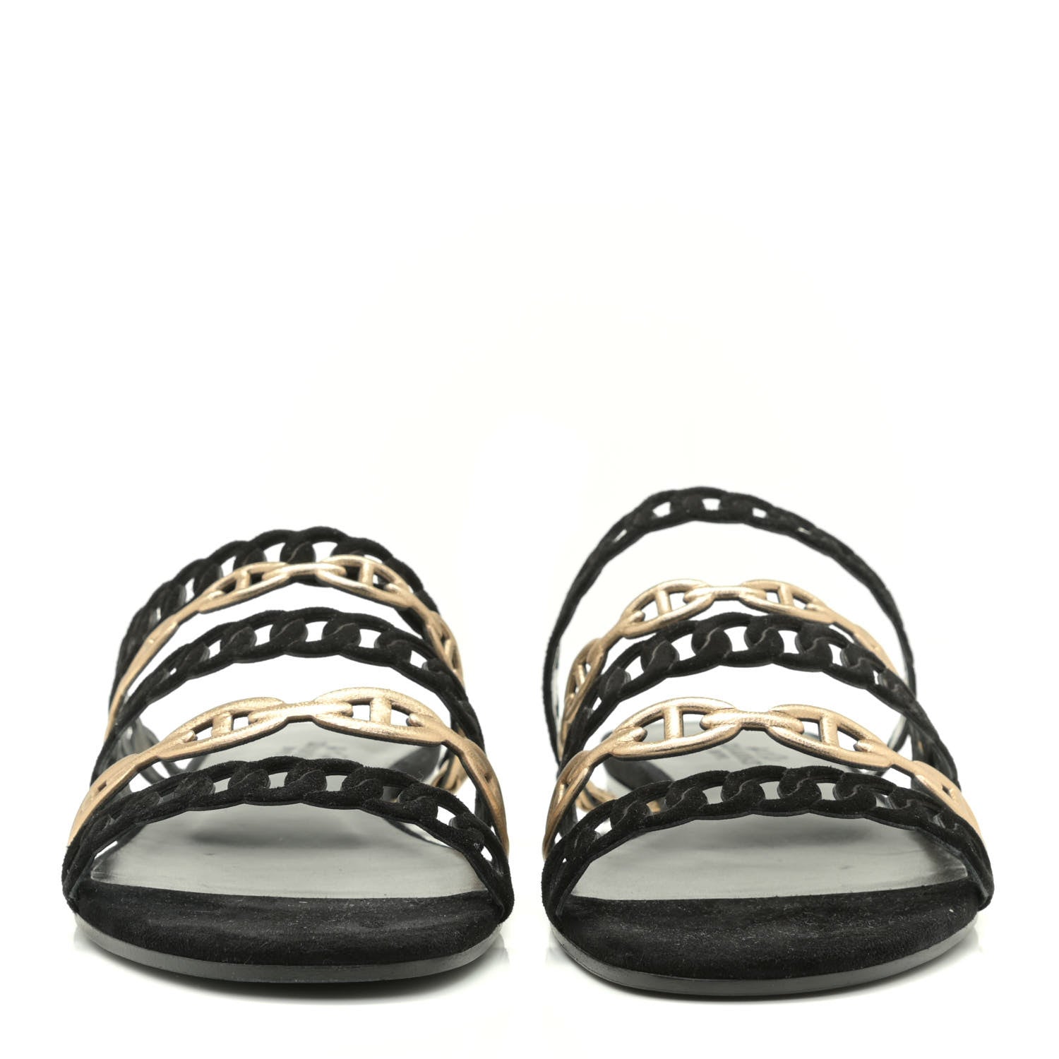 Hermes Metallic Nappa Suede Chaine d'Ancre Nude Sandals 37.5 Black Champagne 2 of 13