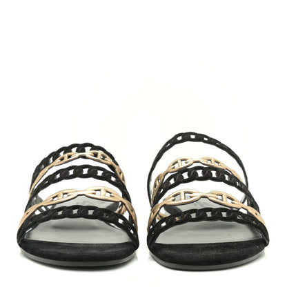 Hermes Metallic Nappa Suede Chaine d'Ancre Nude Sandals 37.5 Black Champagne 2 of 13