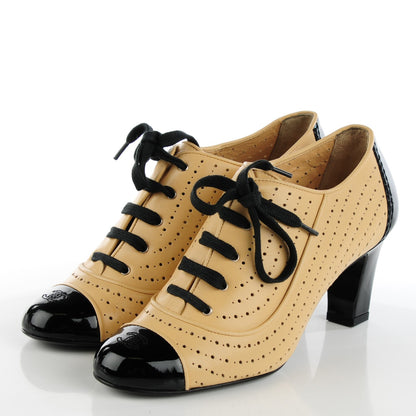 Chanel Lambskin Perforated Cap Toe Boots 37 Beige Black 3 of 8
