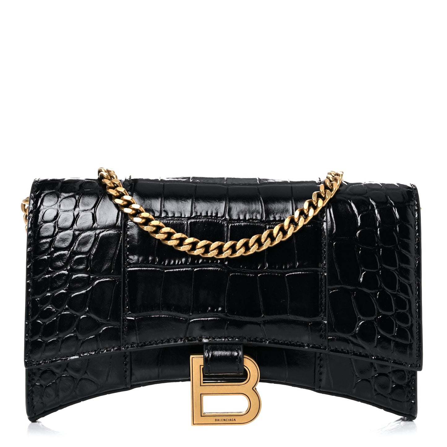Shiny Calfskin Crocodile Embossed Hourglass Chain Bag Black