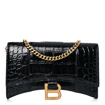 Balenciaga Shiny Calfskin Crocodile Embossed Hourglass Chain Bag Black 1 of 11