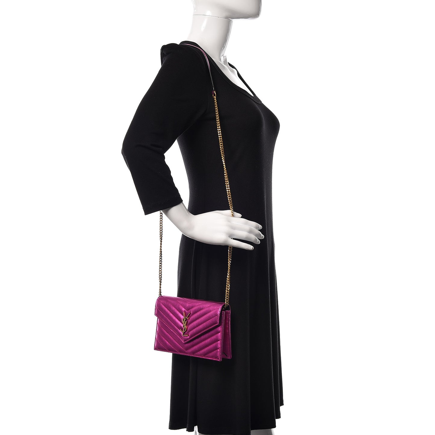 Metallic Calfskin Matelasse Chevron Monogram Envelope Chain Wallet Fuchsia