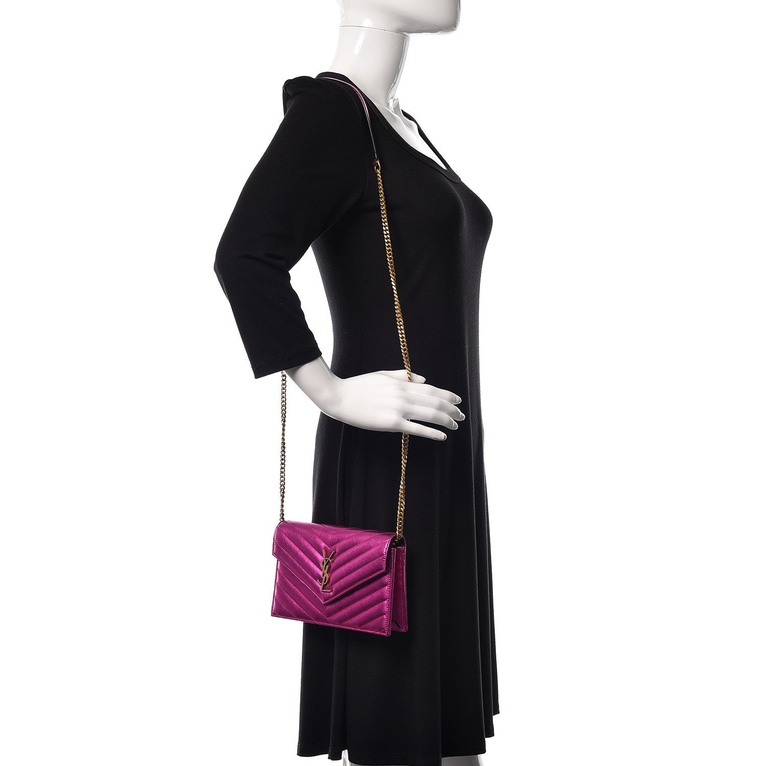 Saint Laurent Metallic Calfskin Matelasse Chevron Monogram Envelope Chain Wallet Fuchsia 2 of 15