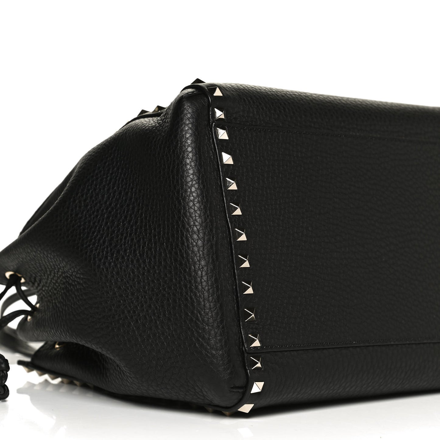 Grained Calfskin Rockstud Double Handle Cinch Tote Black