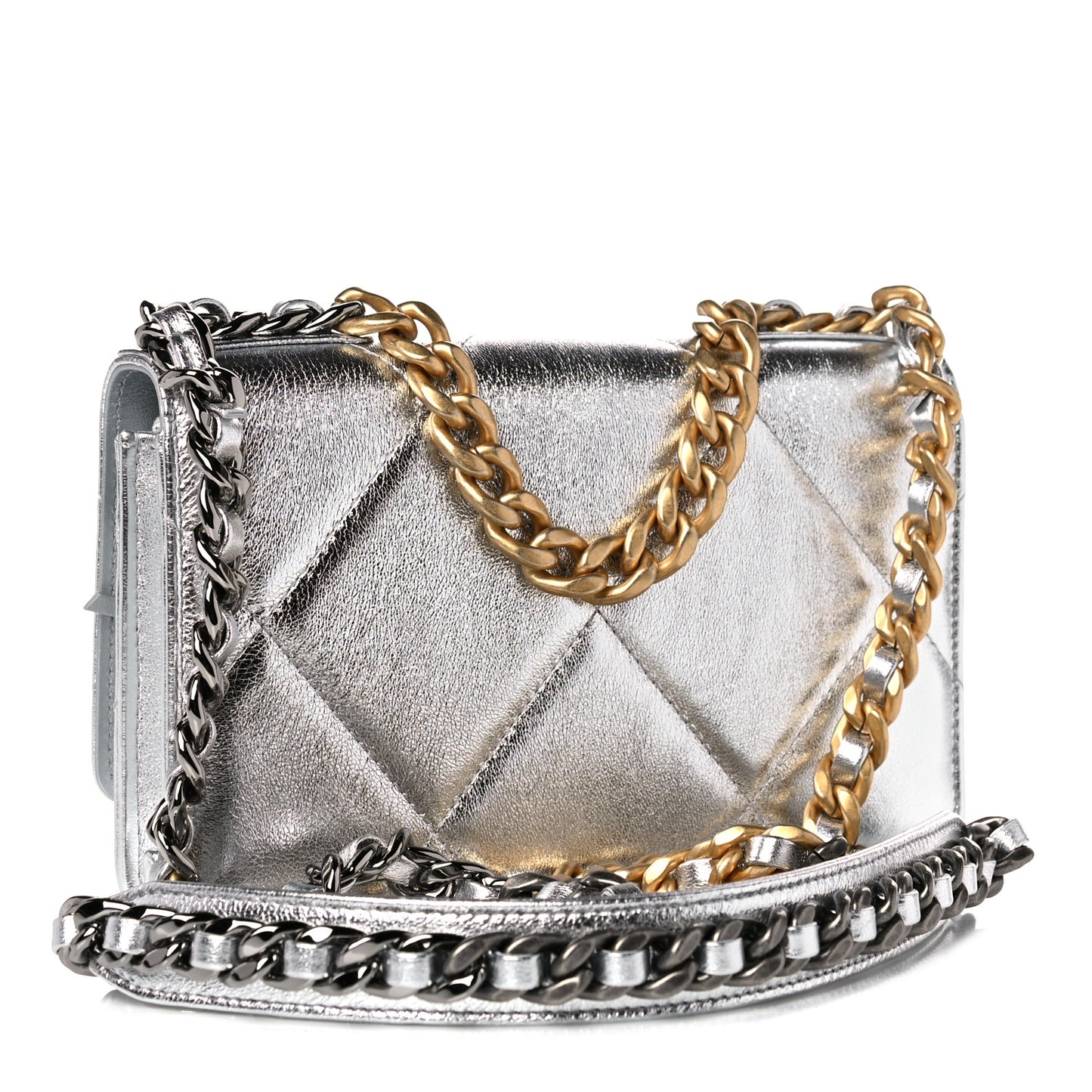 Metallic Lambskin Quilted Chanel 19 Wallet On Chain WOC Silver