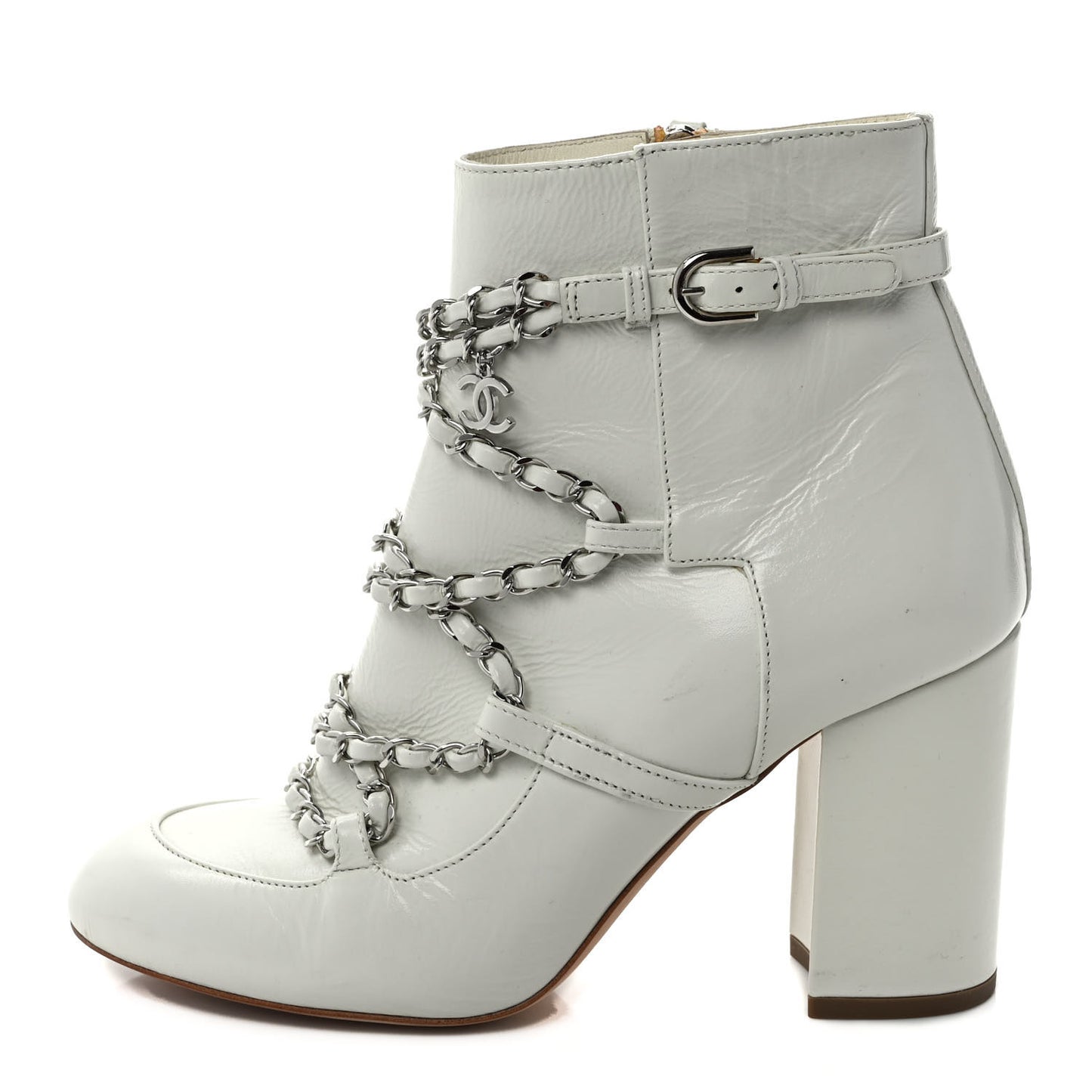 Crackled Calfskin Chain CC Short Boots 38 Ivory