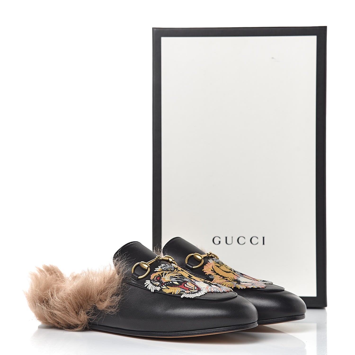 Gucci Calfskin Lambswool Tiger Embroidered Womens Princetown Slippers 38.5 Black 9 of 9