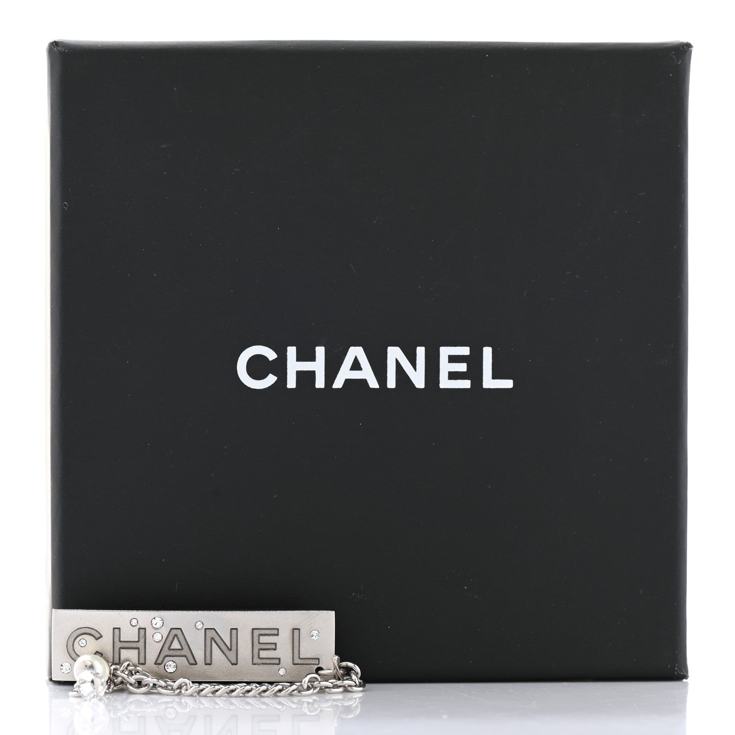 Chanel Crystal Pearl Chain Logo Brooch Silver 5 of 5