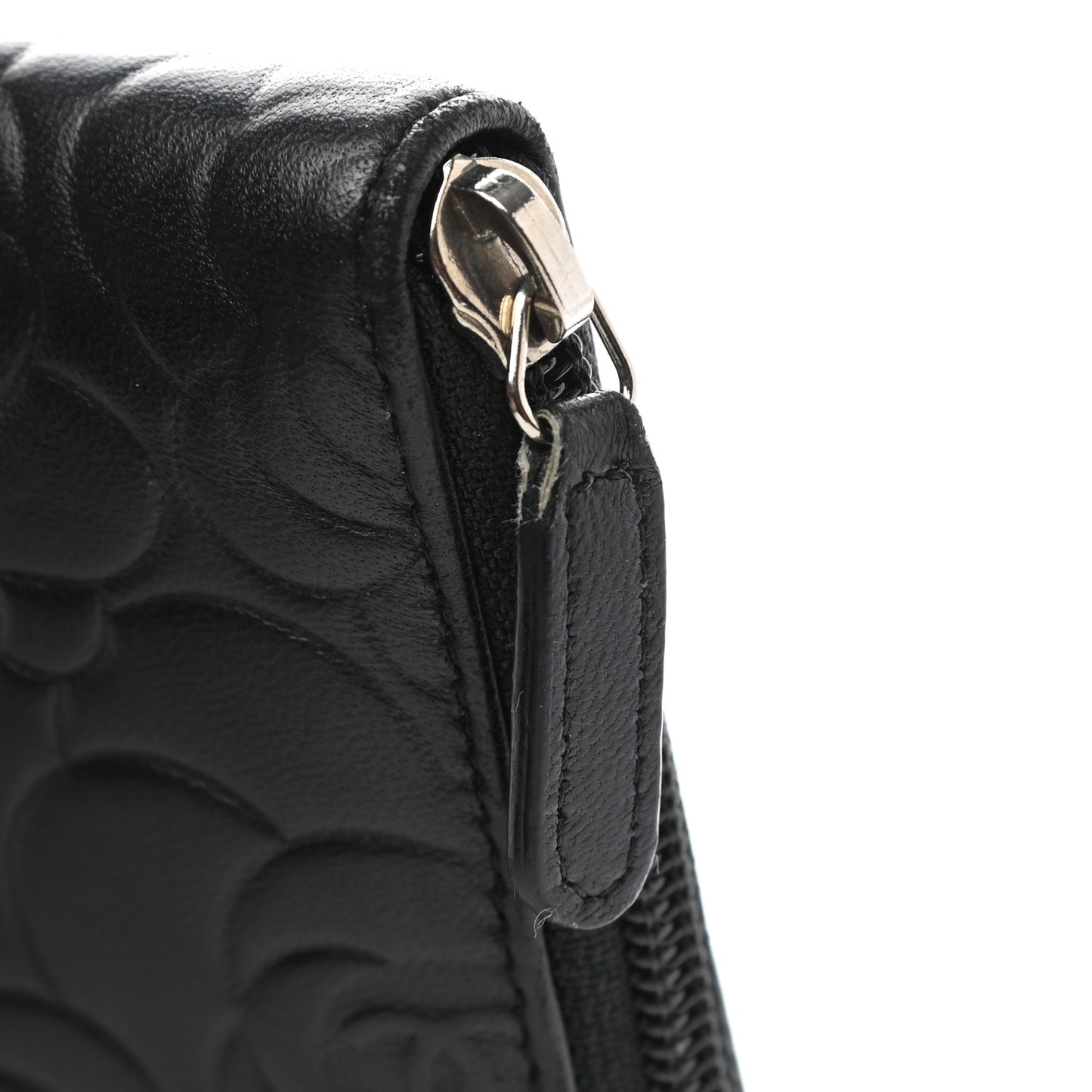 Lambskin Camellia Embossed Zip Around Organizer Wallet Black