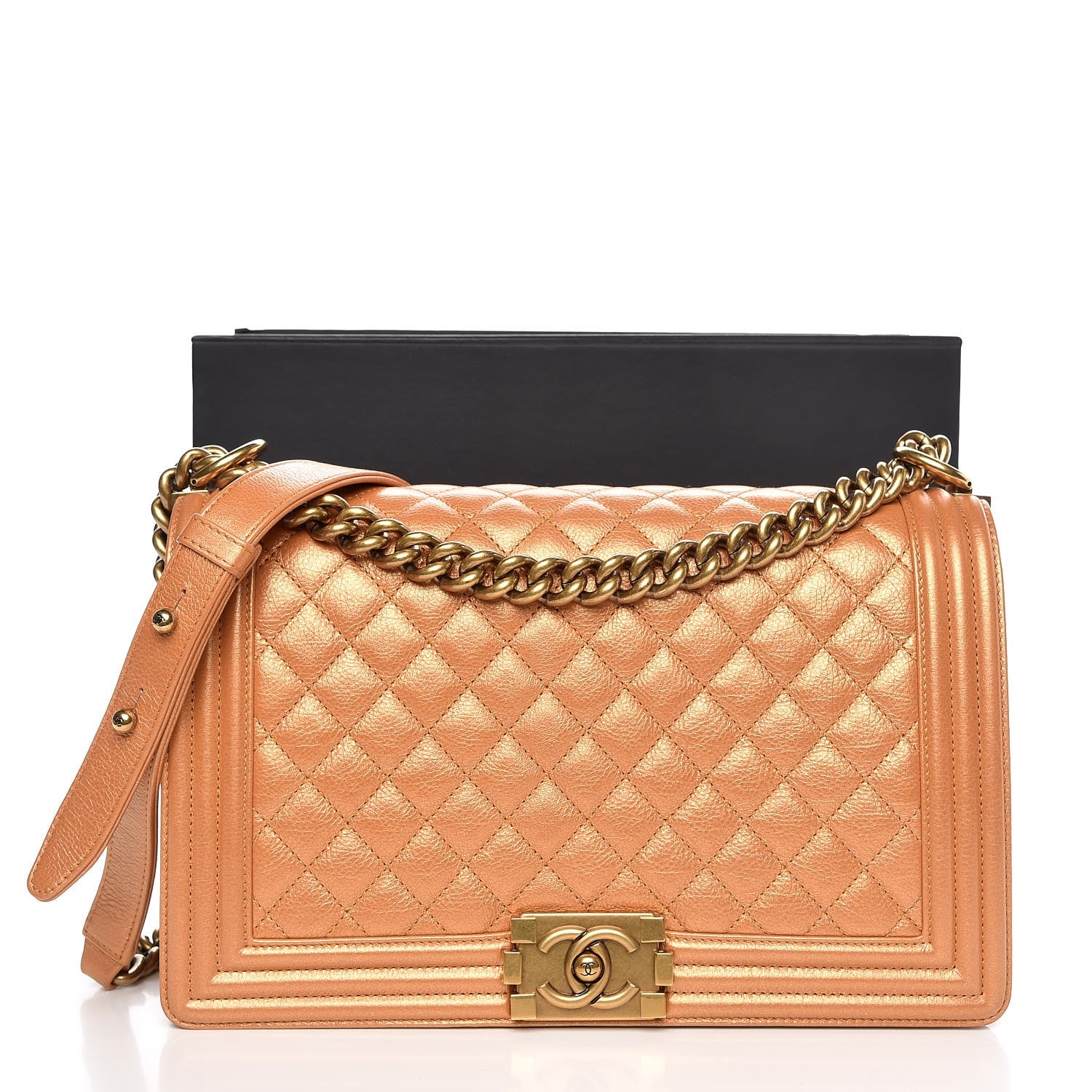 Chanel Metallic Calfskin Quilted New Medium Boy Flap Dark Gold 8 of 8