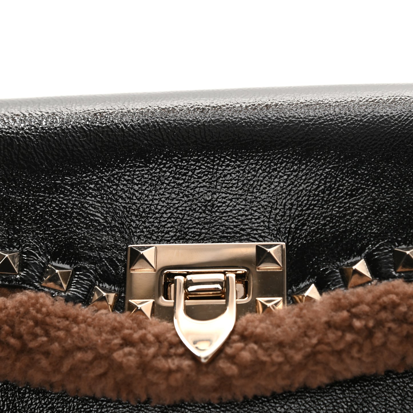 Textured Patent Calfskin Shearling Medium Rockstud Flip Lock Crossbody Bag Black