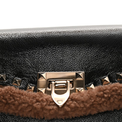 Valentino Garavani Textured Patent Calfskin Shearling Medium Rockstud Flip Lock Crossbody Bag Black 9 of 10