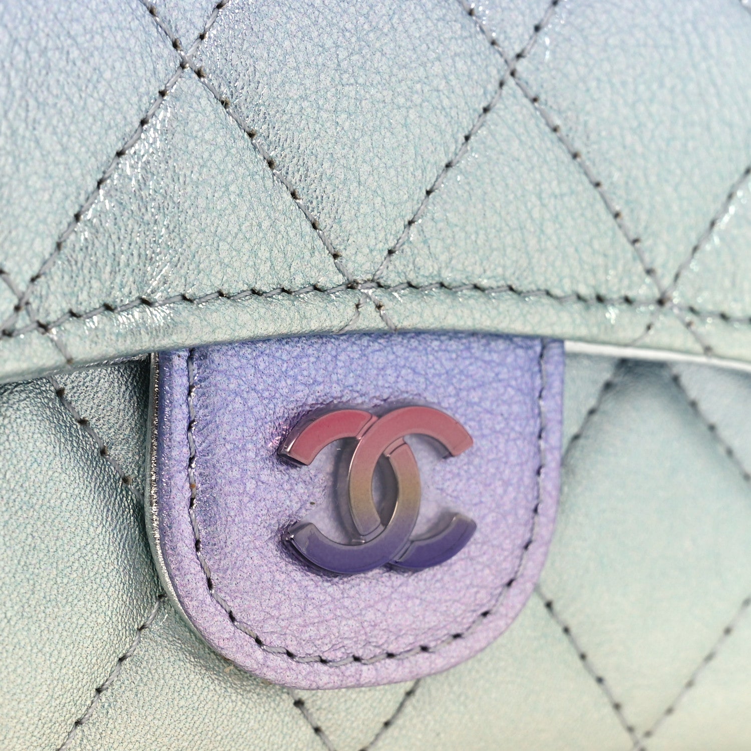 Chanel Gradient Metallic Calfskin Quilted Flap Card Holder Wallet Silver Blue Yellow Purple 9 of 10
