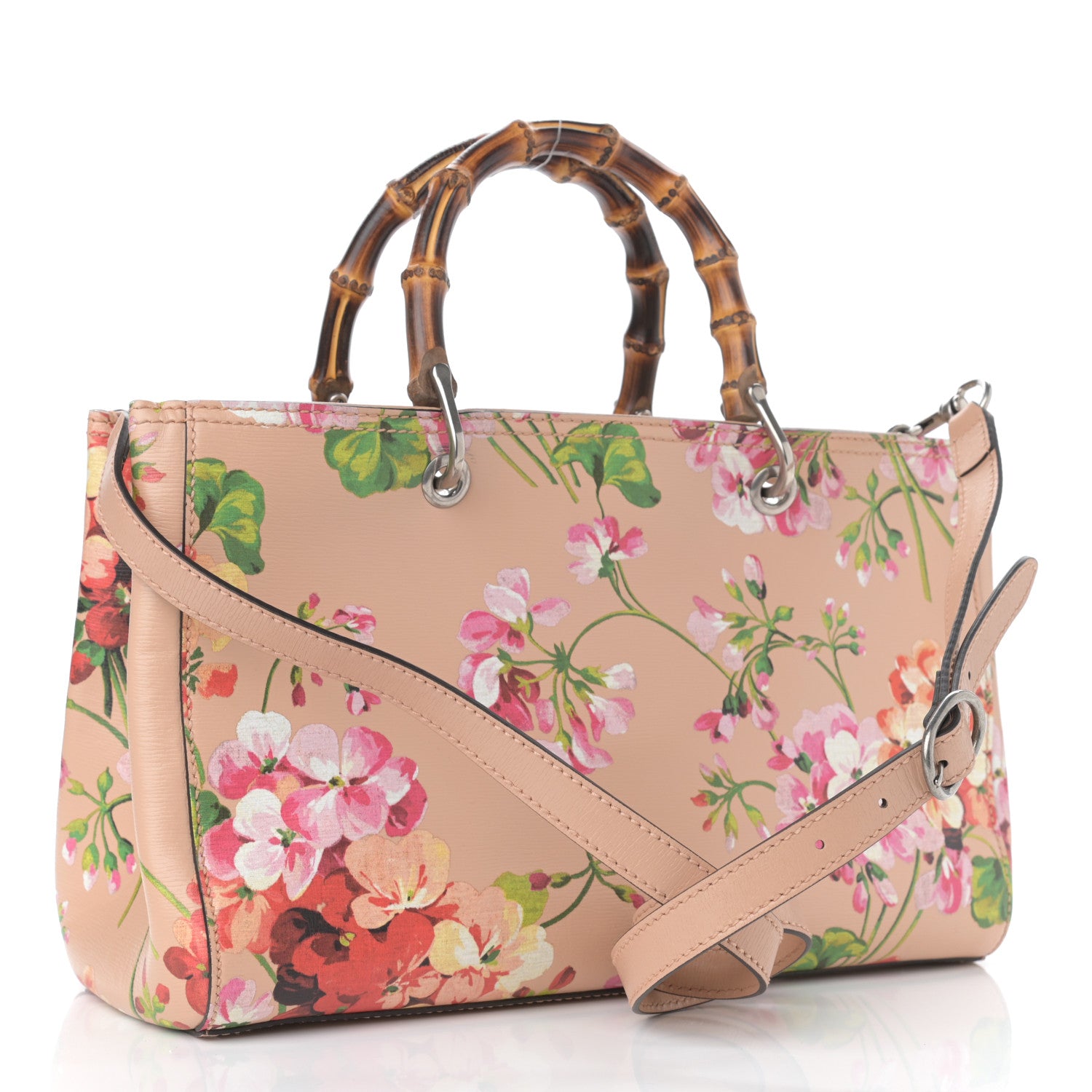 Gucci Shangai Calfskin Blooms Print Medium Bamboo Shopper Tote Pink Apricot Multicolor 2 of 10