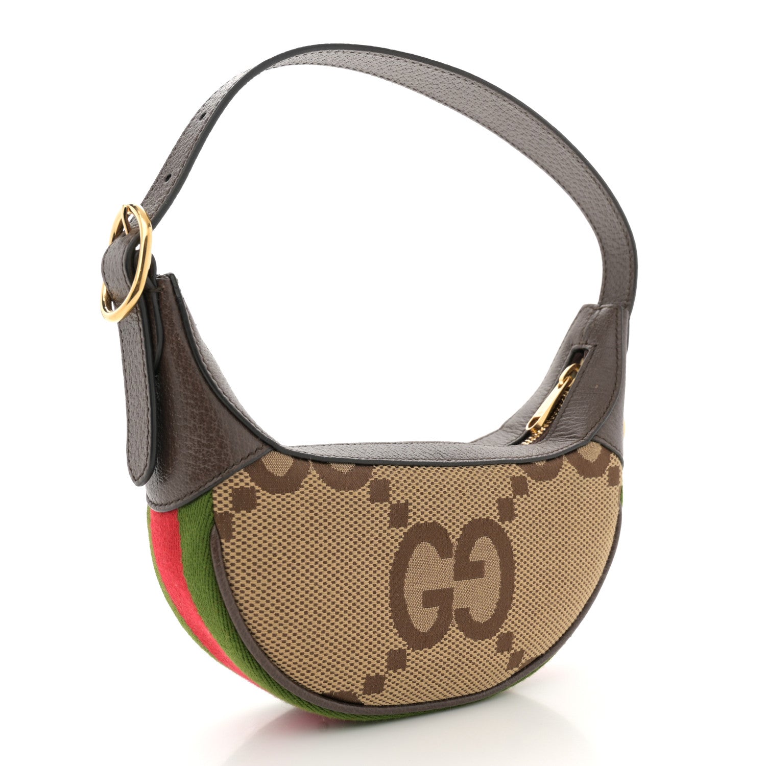 Gucci Monogram Jumbo GG Textured Dollar Calfskin Web Mini Ophidia Half Moon Hobo Camel Ebony New Acero 3 of 12