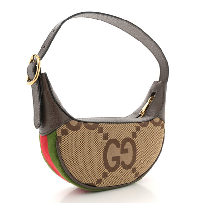 Gucci Monogram Jumbo GG Textured Dollar Calfskin Web Mini Ophidia Half Moon Hobo Camel Ebony New Acero 3 of 12