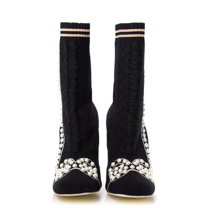Fendi Stretch Fabric Pearl Embellished Openwork Rockoko 105mm Sock Boots 39.5 Black 2 of 8