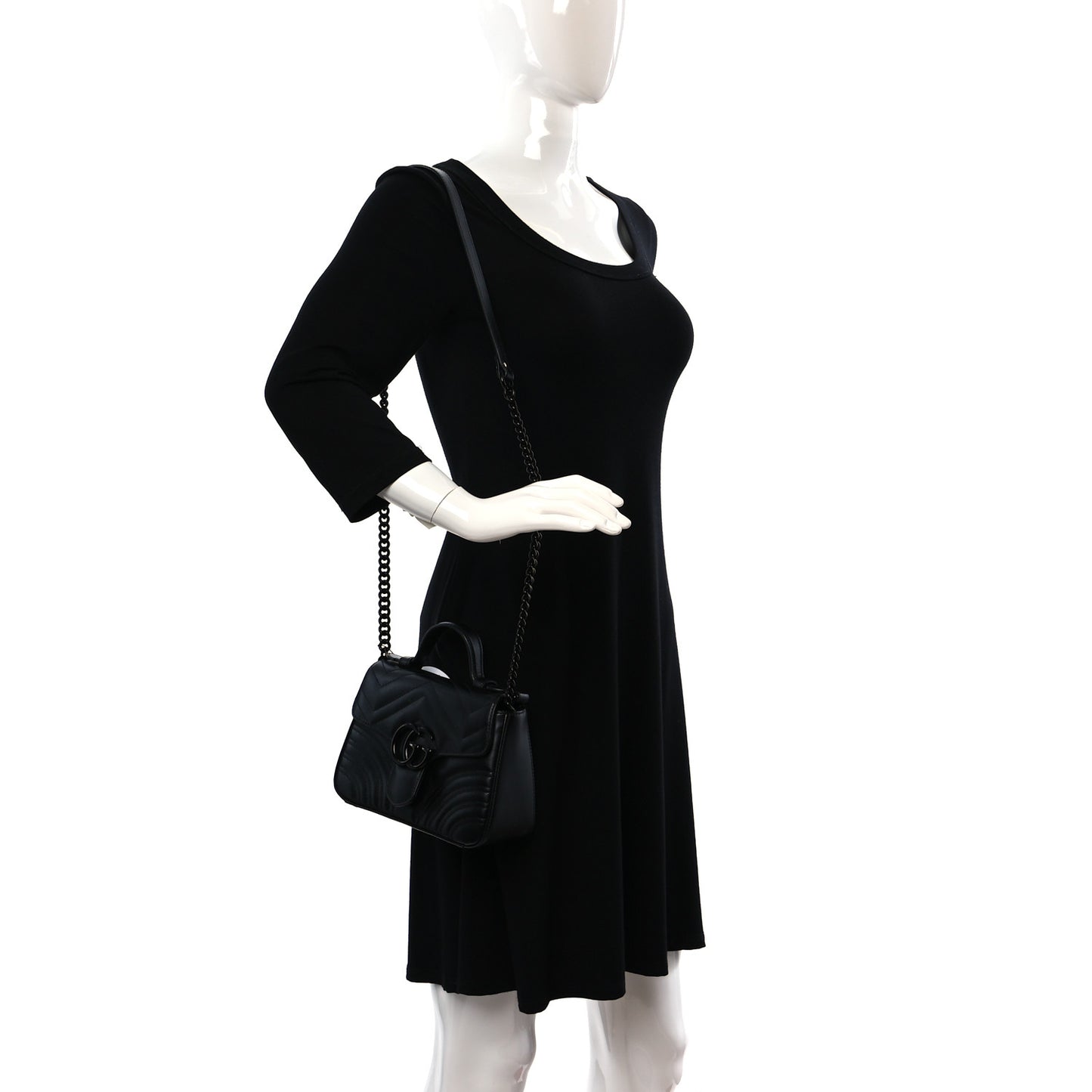 Calfskin Matelasse Monochrome Mini GG Marmont Top Handle Shoulder Bag Black