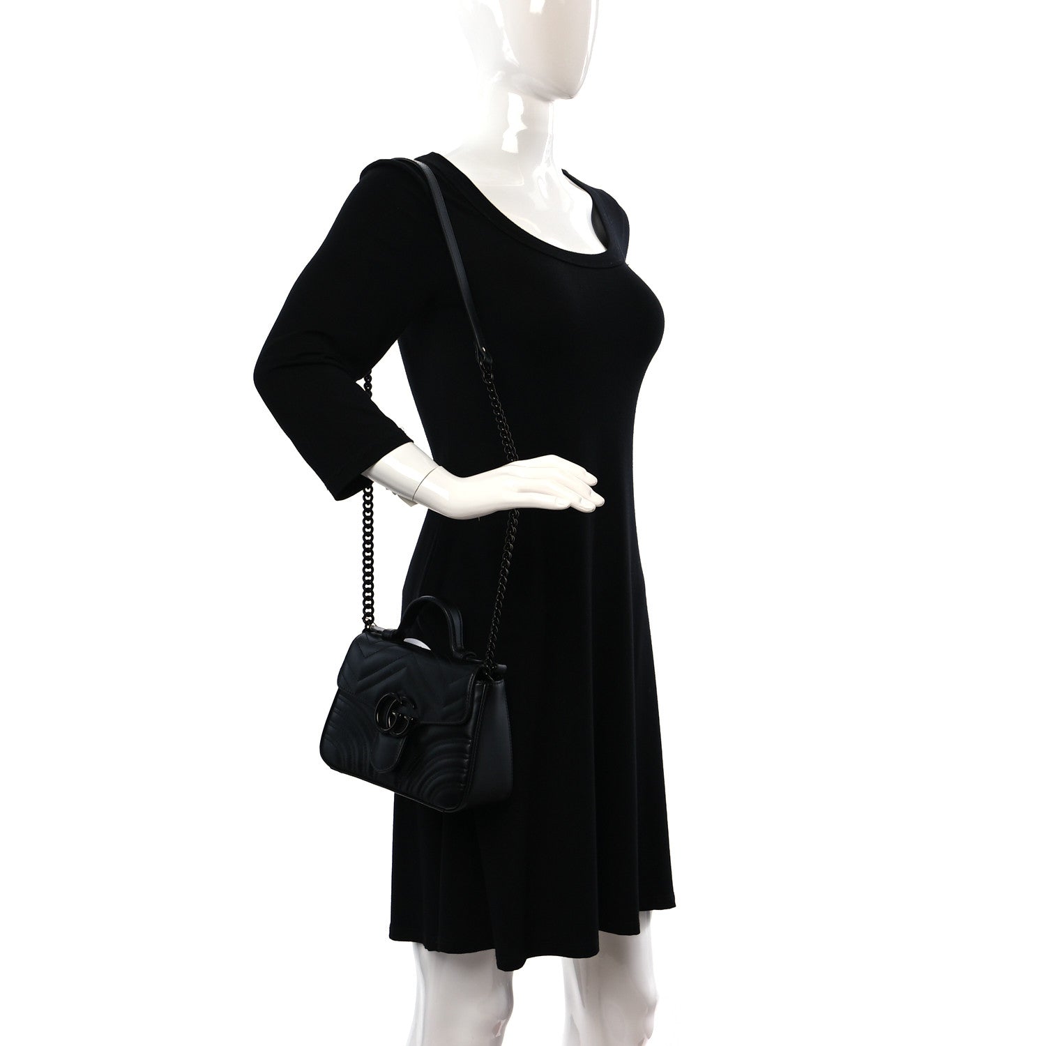 Gucci Calfskin Matelasse Monochrome Mini GG Marmont Top Handle Shoulder Bag Black 2 of 12