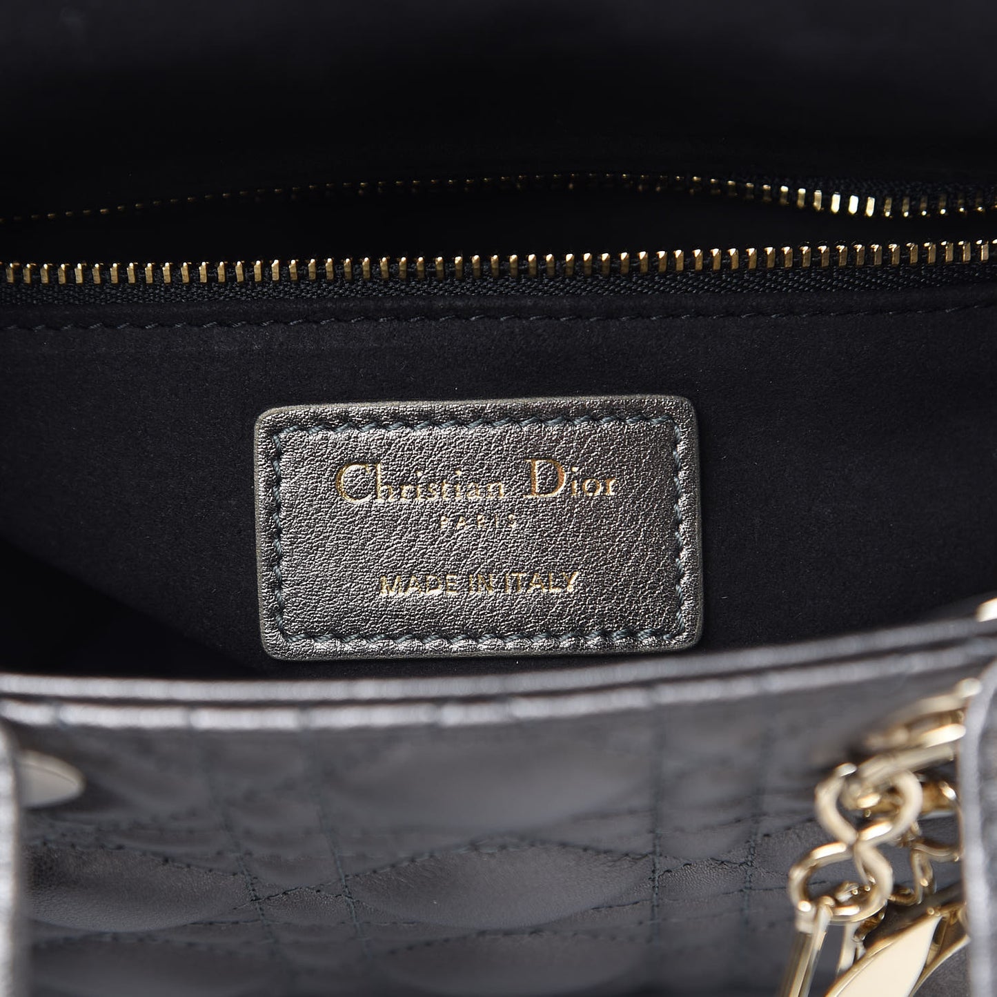 Metallic Grained Calfskin Cannage Small Lady Dior Gunmetal