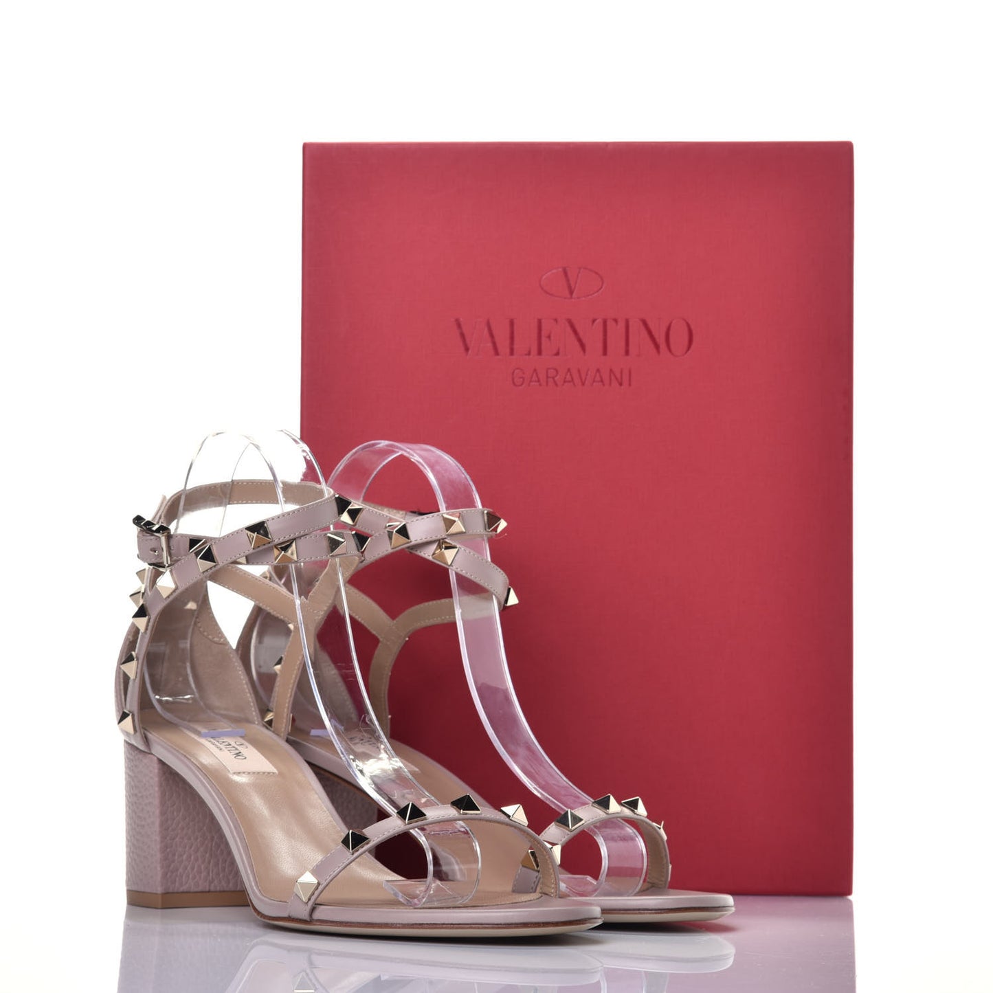 Pebbled Calfskin Rockstud Ankle Strap 60mm Sandals 39.5 Poudre