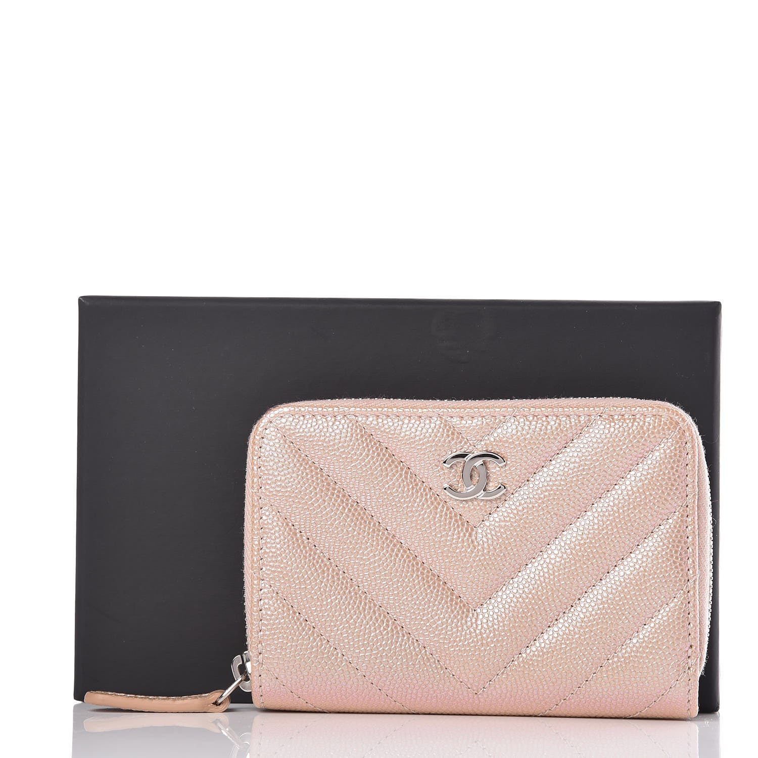 Chanel Metallic Caviar Chevron Quilted Zip Around Coin Purse Light Gold 10 of 10