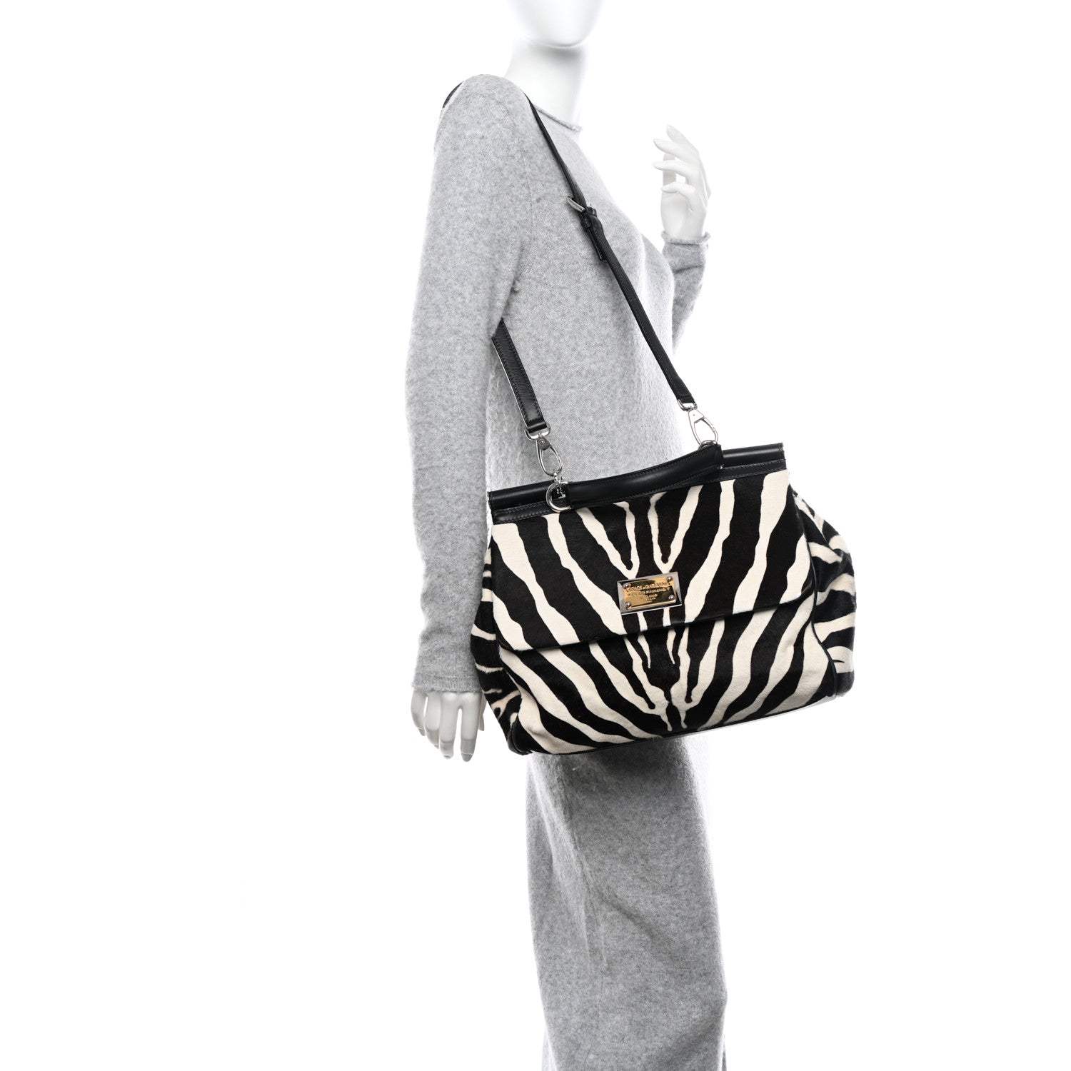 Dolce & Gabbana Calf Hair Zebra Print Large Miss Sicily Satchel Black White 2 of 13