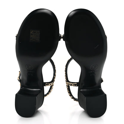 Chanel Silk Satin Pearl Chain CC Sandals 37.5 Black 6 of 10
