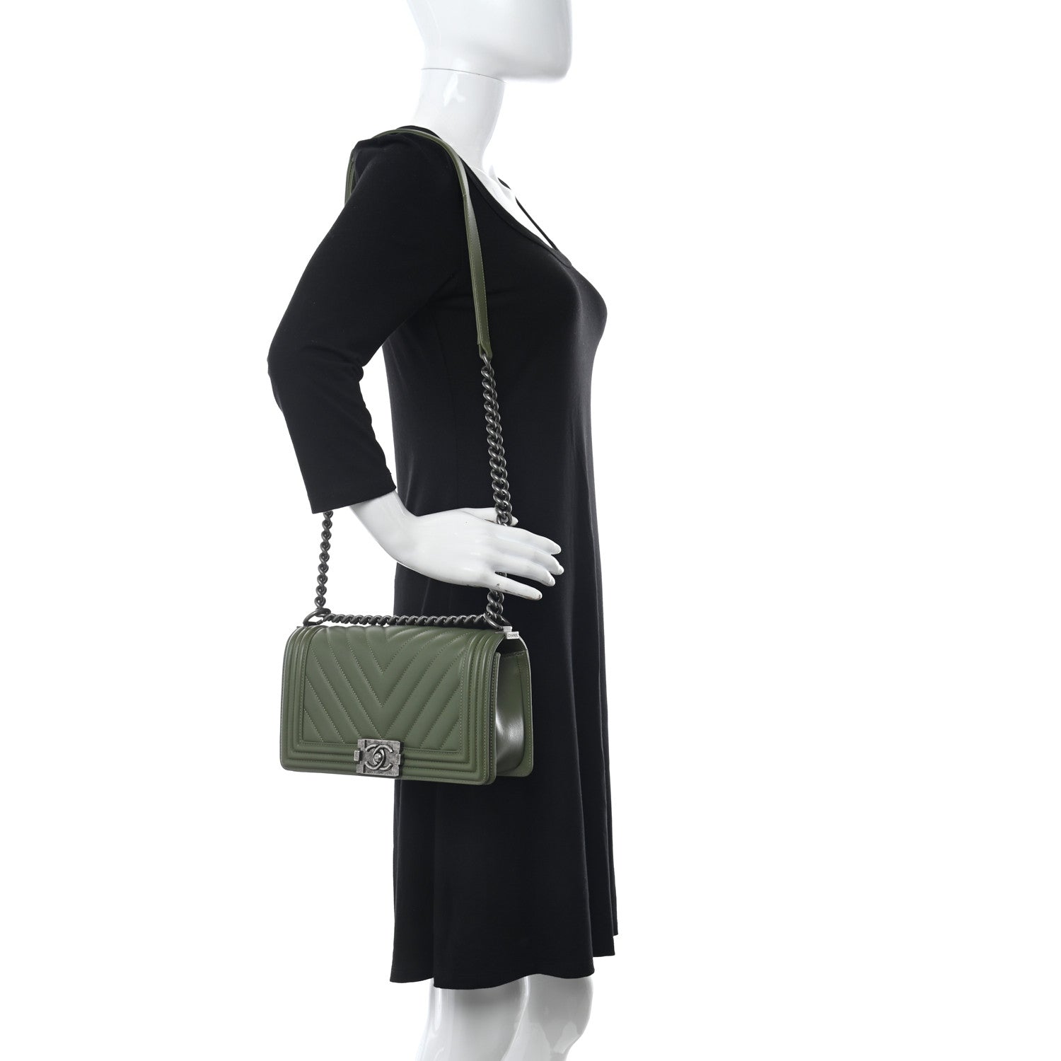 Chanel Calfskin Chevron Quilted Medium Boy Flap Dark Green 2 of 10