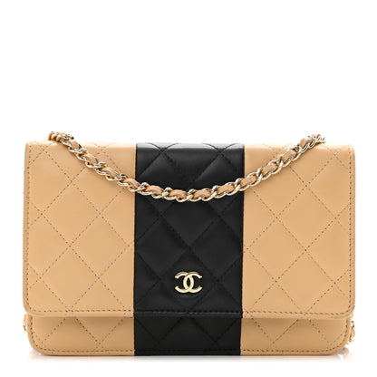 Chanel Lambskin Quilted Wallet On Chain WOC Beige Black 1 of 12