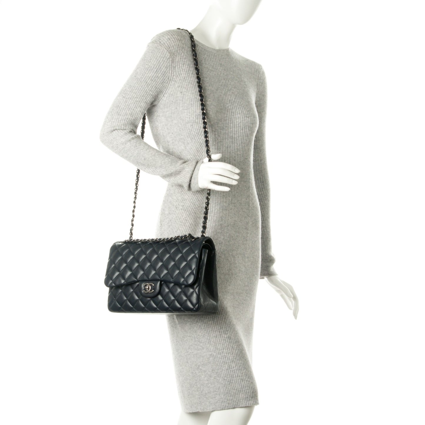 Caviar Quilted Jumbo Double Flap Navy Blue