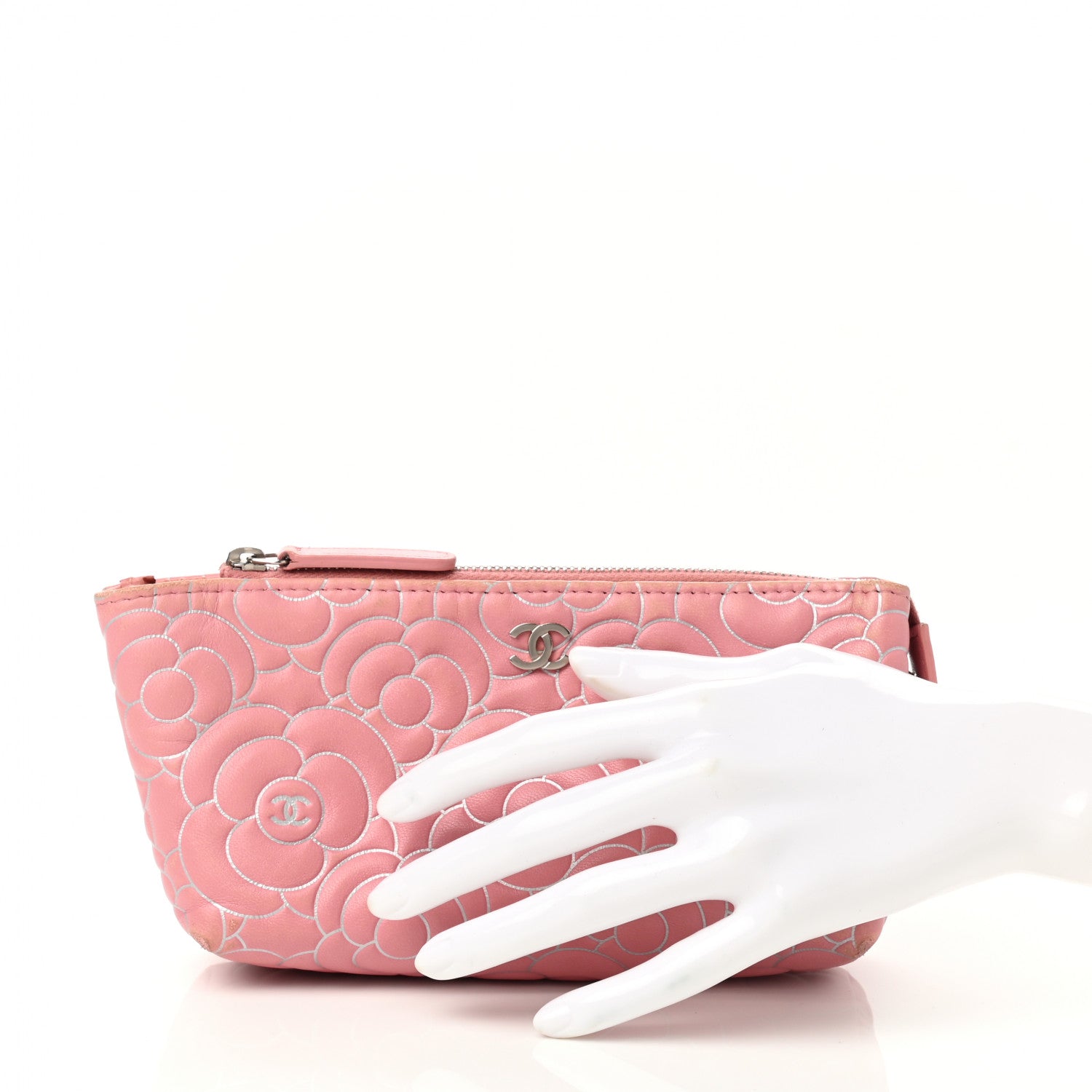 Chanel Lambskin Camellia Embossed Cosmetic Pouch Pink 2 of 9