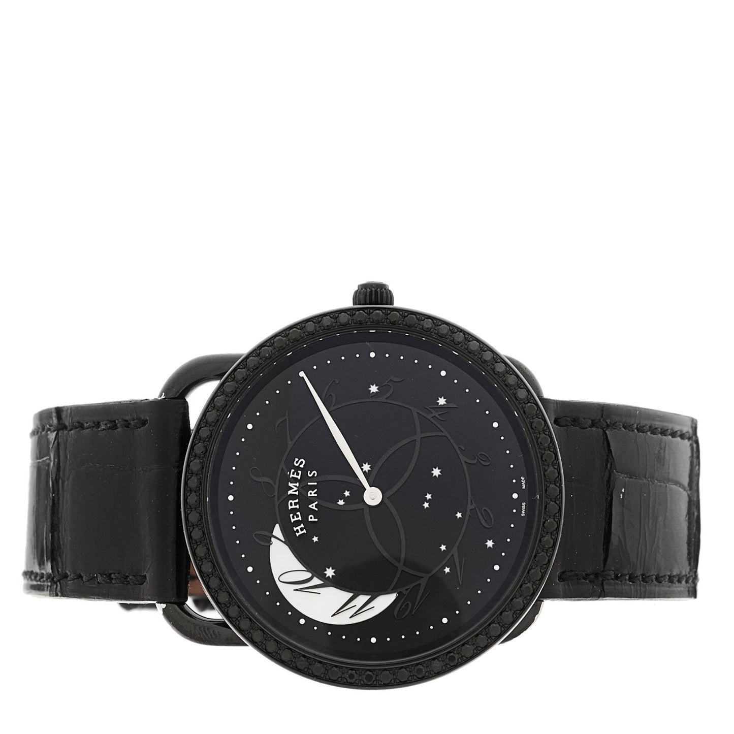 PVD Stainless Steel Alligator Black Diamond 36mm Arceau Ronde Des Heures Quartz Watch Noir