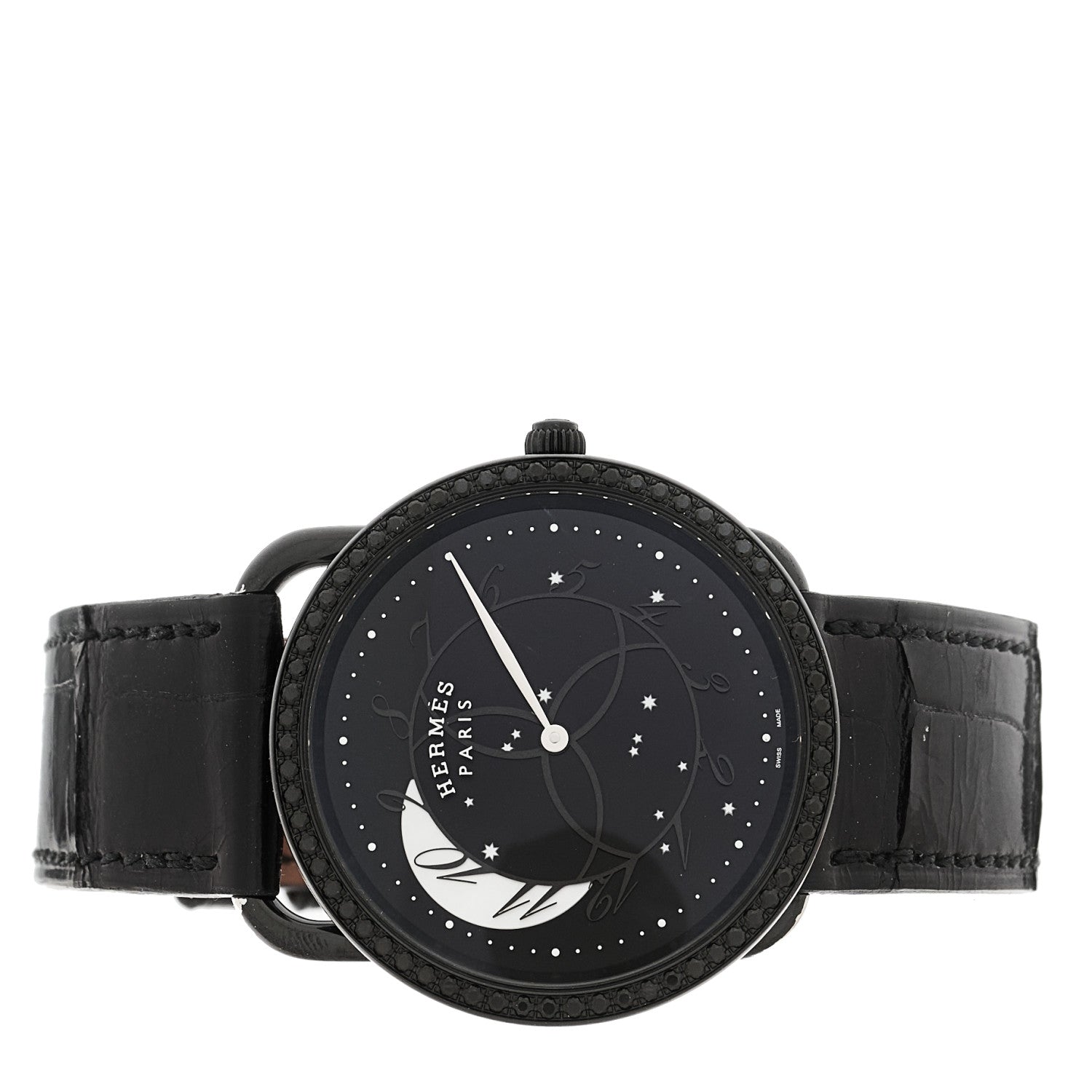 Hermes PVD Stainless Steel Alligator Black Diamond 36mm Arceau Ronde Des Heures Quartz Watch Noir 2 of 5