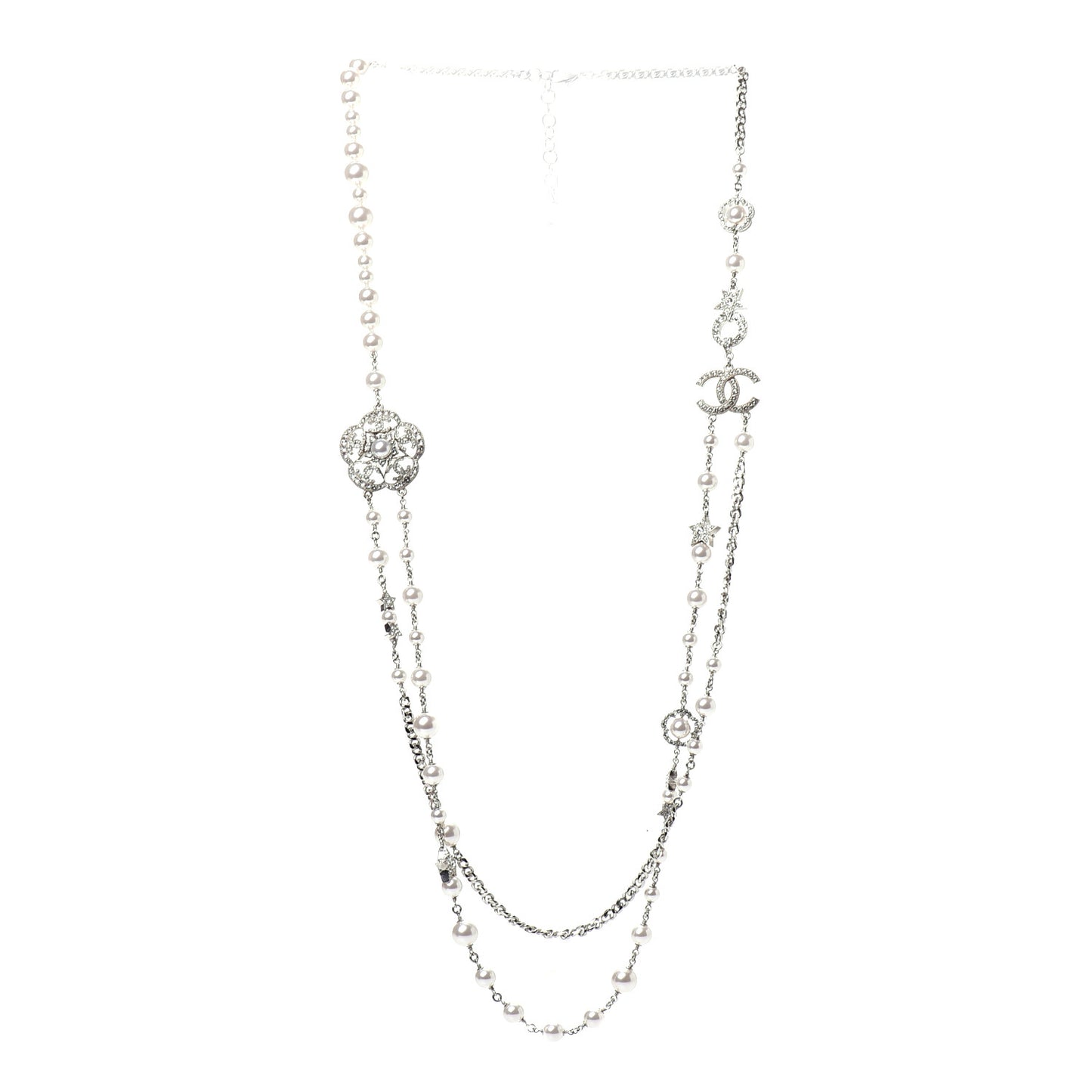 Crystal Pearl CC Necklace Silver