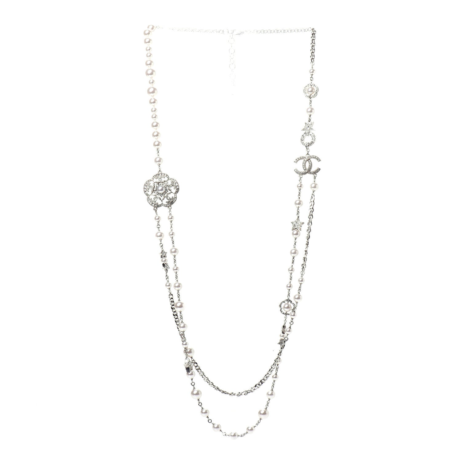Chanel Crystal Pearl CC Necklace Silver 3 of 8