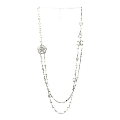 Chanel Crystal Pearl CC Necklace Silver 3 of 8