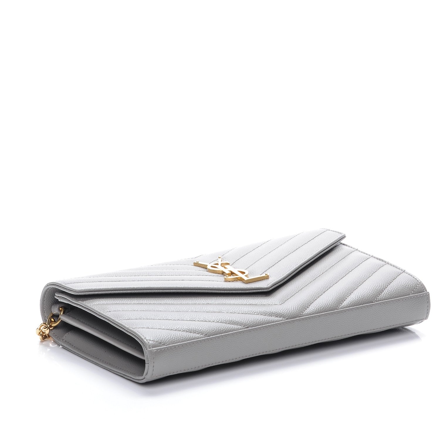Saint Laurent Grain De Poudre Matelasse Chevron Monogram Chain Wallet Oyster Grey 4 of 8
