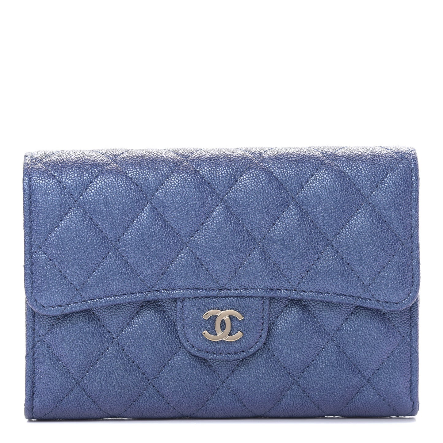Iridescent Caviar Quilted Medium Flap Wallet Blue