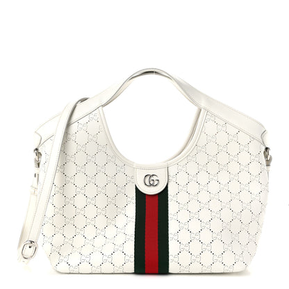 Gucci Calfskin Perforated GG Web Small Giglio Tote White 1 of 10