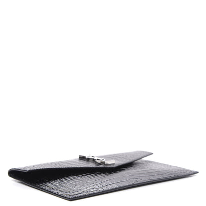 Saint Laurent Calfskin Crocodile Embossed Uptown Monogram Clutch Black 4 of 7