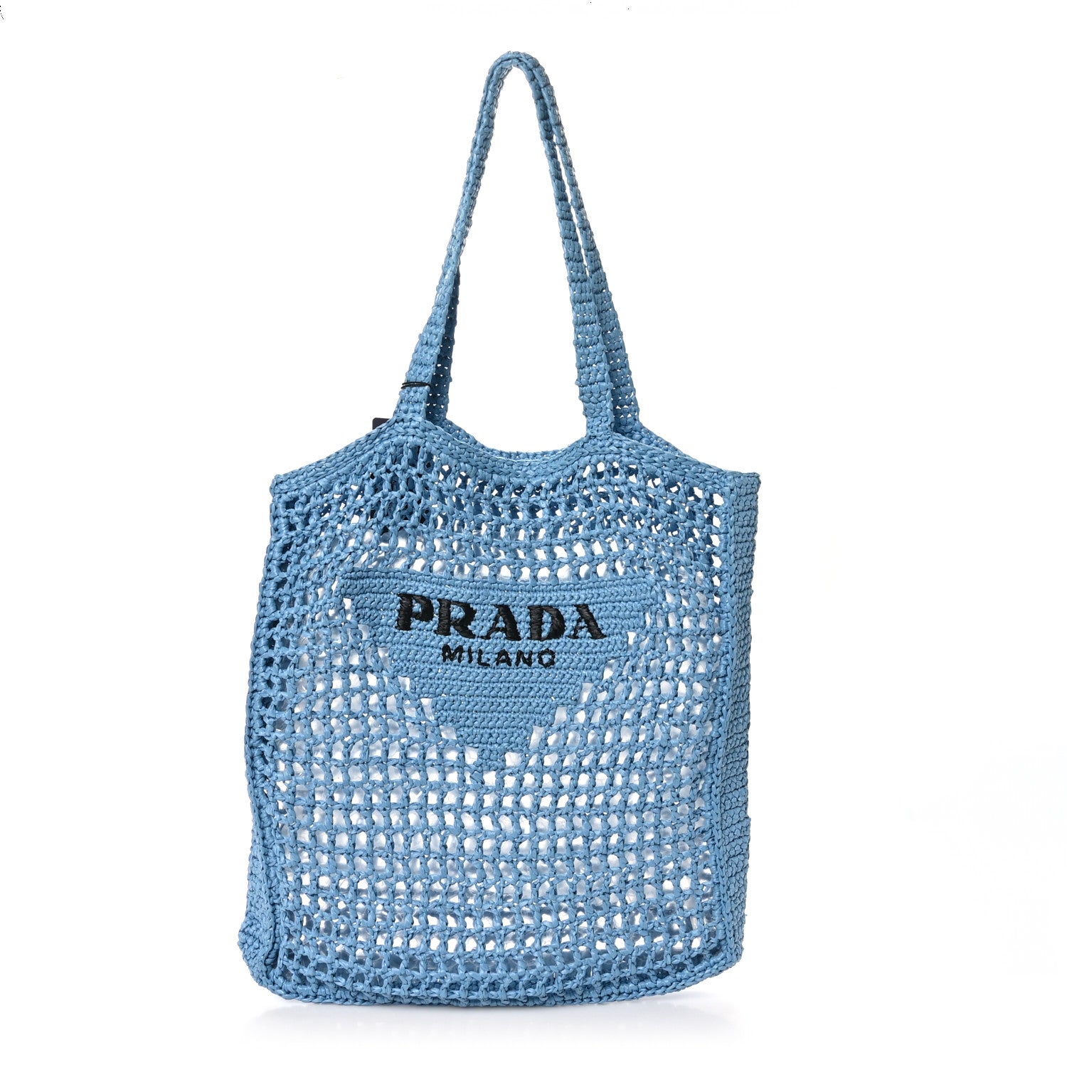 Prada Yarn Raffia Effect Crochet Logo Embroidered Tote Bag Celeste 1 of 9