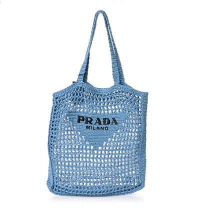 Prada Yarn Raffia Effect Crochet Logo Embroidered Tote Bag Celeste 1 of 9
