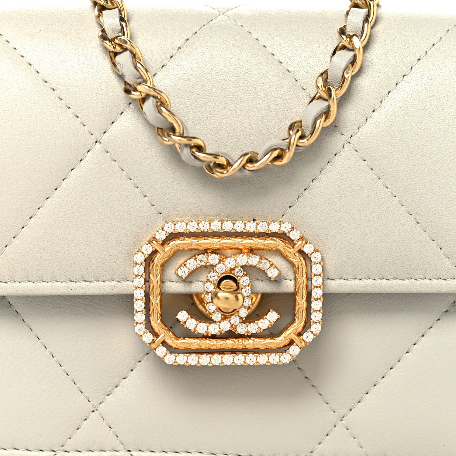 Chanel Calfskin Strass Quilted Clutch With Chain Flap Light Grey 7 of 9