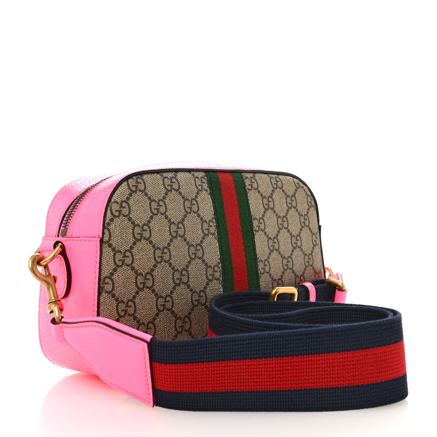 GG Supreme Monogram Textured Dollar Calfskin Web Ophidia Small Crossbody Bag Beige Ebony Fuchsia