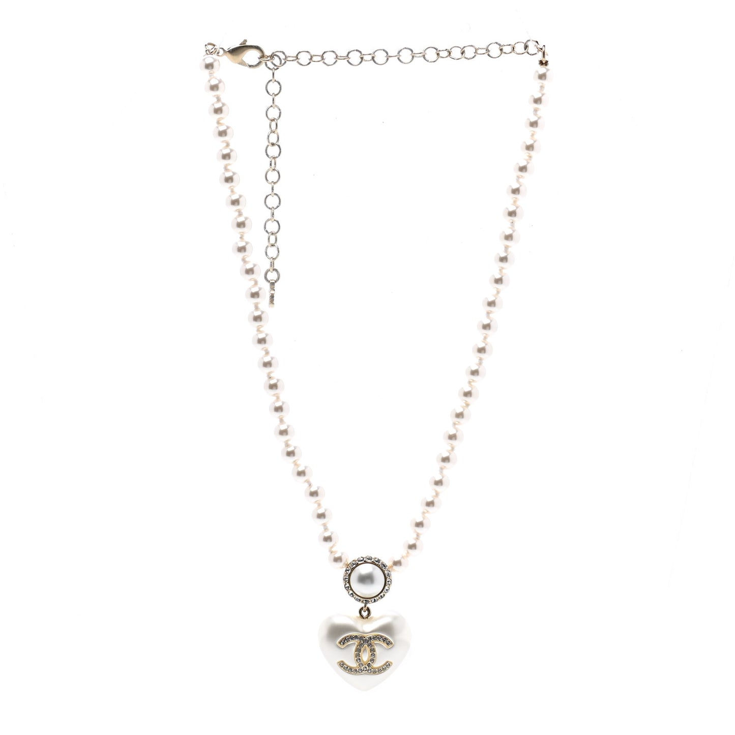 Pearl Crystal CC Heart Short Necklace Pearly White Gold
