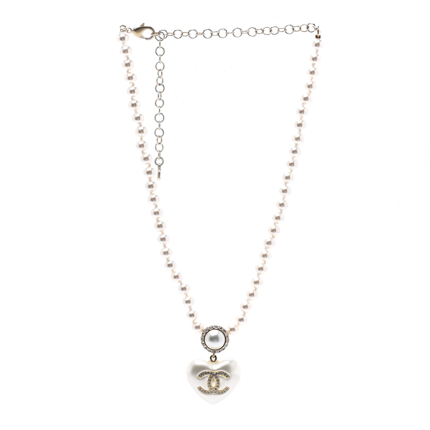 Chanel Pearl Crystal CC Heart Short Necklace Pearly White Gold 3 of 7