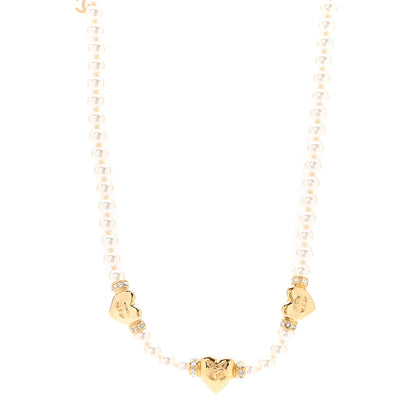 Chanel Crystal Pearl CC Heart Choker Necklace Gold 1 of 6