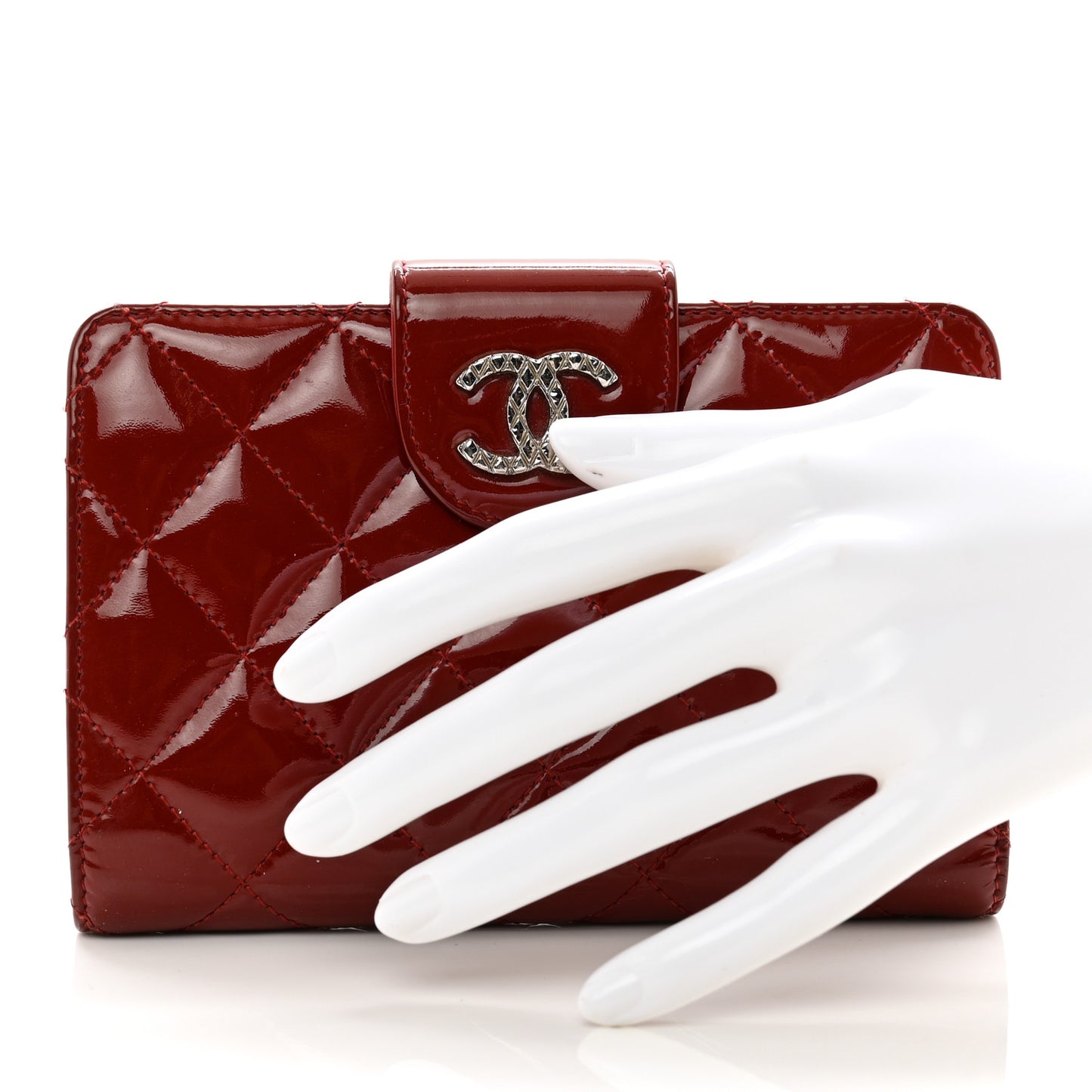 Patent Quilted Brilliant Zipped Pocket Wallet Dark Red